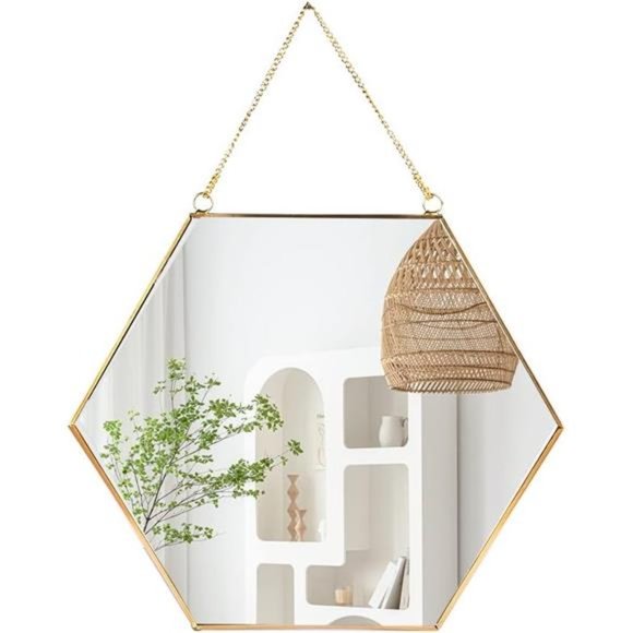 Hanging Wall Hexagon Mirror Decor Gold Geometric Mirror with Chain, 15.7"x 13.6"